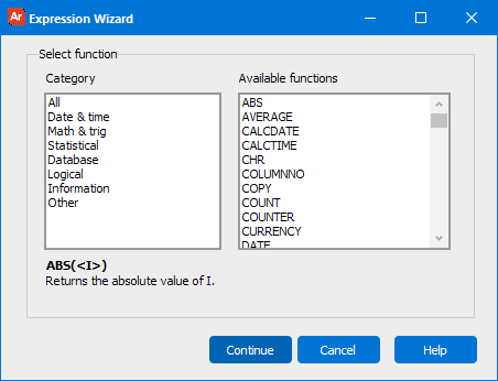 This image shows the Expression Wizard dialog which contains a list of all Expressions available for creating Banded Reports.